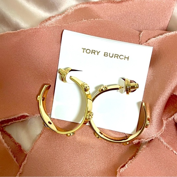 Tory Burch Miller Goldtone Logo Hoop Earrings - Picture 5 of 8